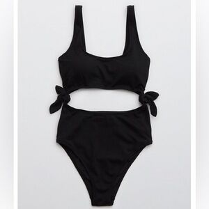 AERIE Pique Tie Cut Out One Piece Swimsuit. Size XXL. Black